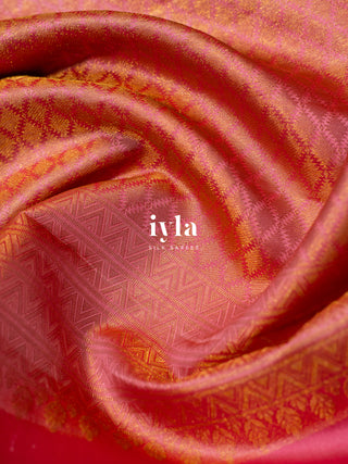 The Pichwai Sacred Cow and Calf Kanjeevaram in Flamingo Pink