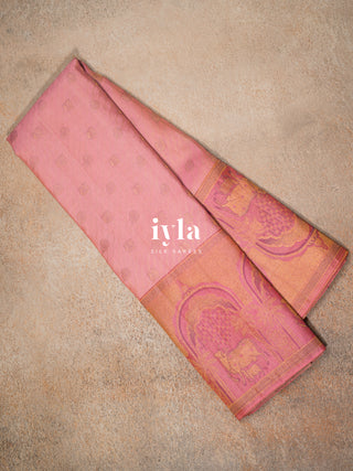 The Pichwai Sacred Cow and Calf Kanjeevaram in Flamingo Pink
