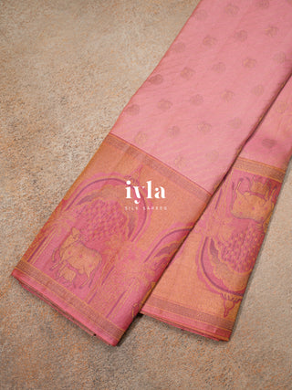 The Pichwai Sacred Cow and Calf Kanjeevaram in Flamingo Pink