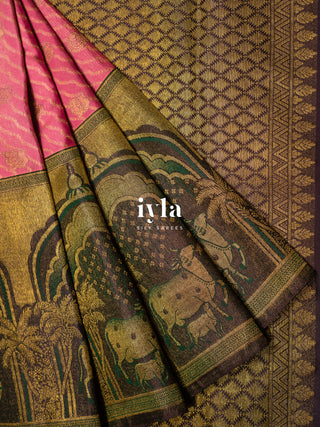 The Pichwai Sacred Cow and Calf Kanjeevaram in Watermelon Pink