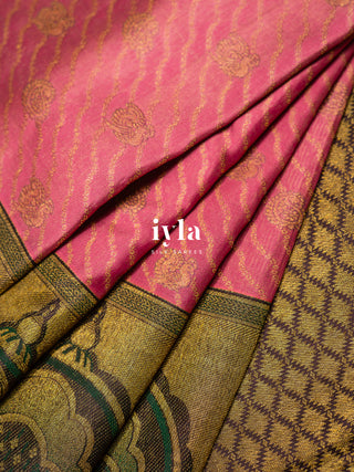 The Pichwai Sacred Cow and Calf Kanjeevaram in Watermelon Pink