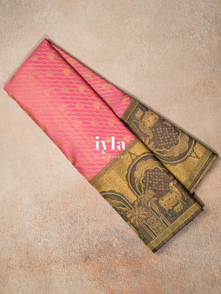 The Pichwai Sacred Cow and Calf Kanjeevaram in Watermelon Pink
