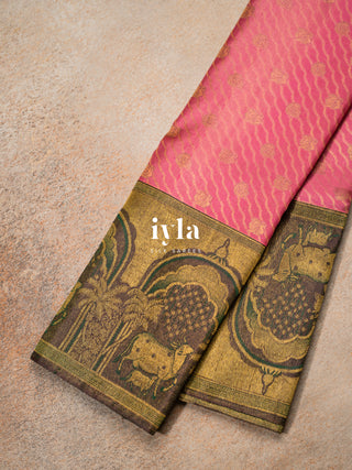 The Pichwai Sacred Cow and Calf Kanjeevaram in Watermelon Pink