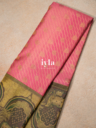 The Pichwai Sacred Cow and Calf Kanjeevaram in Watermelon Pink
