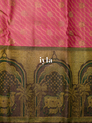 The Pichwai Sacred Cow and Calf Kanjeevaram in Watermelon Pink