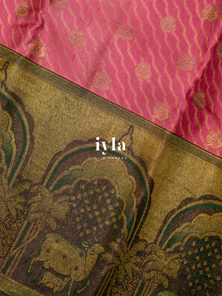 The Pichwai Sacred Cow and Calf Kanjeevaram in Watermelon Pink