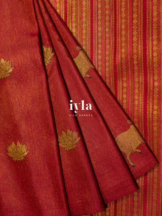 The Pichwai Painting Inspired Holy Cows Kanjeevaram in Carmine Red