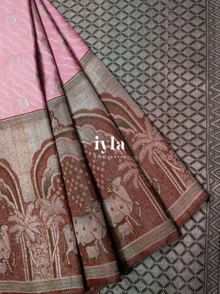 The Pichwai Sacred Cow and Calf Kanjeevaram in Carnation Pink