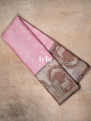 The Pichwai Sacred Cow and Calf Kanjeevaram in Carnation Pink
