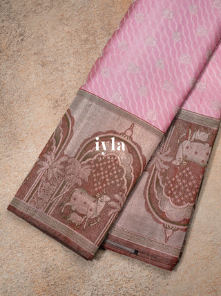 The Pichwai Sacred Cow and Calf Kanjeevaram in Carnation Pink