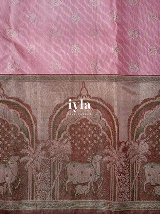 The Pichwai Sacred Cow and Calf Kanjeevaram in Carnation Pink