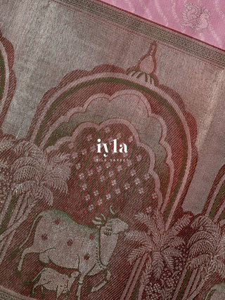 The Pichwai Sacred Cow and Calf Kanjeevaram in Carnation Pink