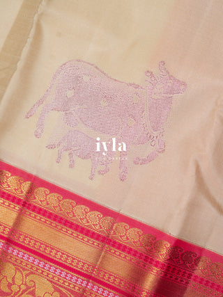 The Sacred Pichwai cow and calf Kanjeevaram in cozy cream
