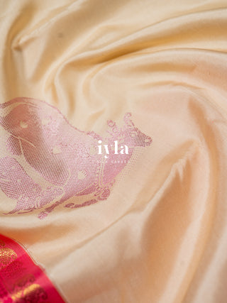 The Sacred Pichwai cow and calf Kanjeevaram in cozy cream