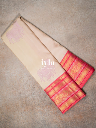 The Sacred Pichwai cow and calf Kanjeevaram in cozy cream