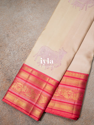 The Sacred Pichwai cow and calf Kanjeevaram in cozy cream