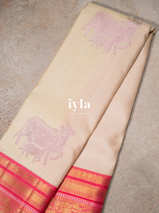 The Sacred Pichwai cow and calf Kanjeevaram in cozy cream