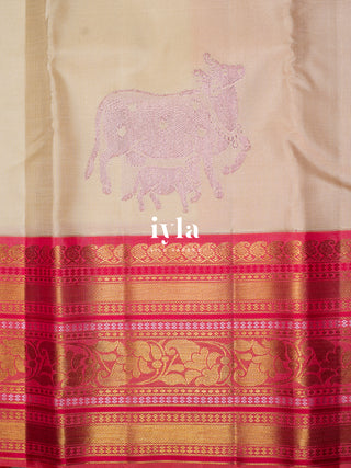 The Sacred Pichwai cow and calf Kanjeevaram in cozy cream