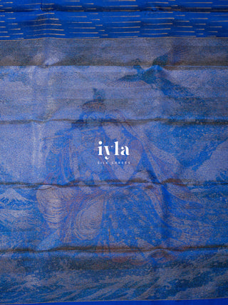 The Radha Krishna & Great Wave off Kanagawa Kanjeevaram in Cobalt Blue