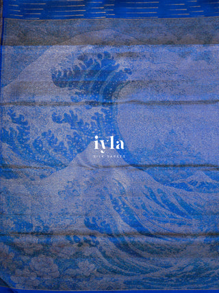 The Radha Krishna & Great Wave off Kanagawa Kanjeevaram in Cobalt Blue
