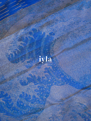The Radha Krishna & Great Wave off Kanagawa Kanjeevaram in Cobalt Blue