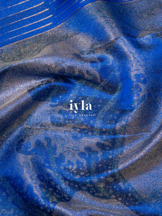 The Radha Krishna & Great Wave off Kanagawa Kanjeevaram in Cobalt Blue
