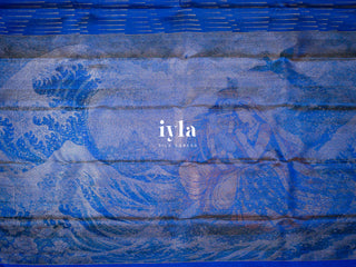 The Radha Krishna & Great Wave off Kanagawa Kanjeevaram in Cobalt Blue