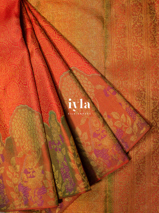 The Radha and Gopika’s Tale of Vrindhavan Kanjeevaram in Scarlet Red