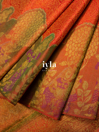 The Radha and Gopika’s Tale of Vrindhavan Kanjeevaram in Scarlet Red