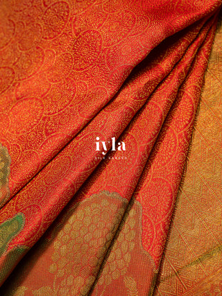 The Radha and Gopika’s Tale of Vrindhavan Kanjeevaram in Scarlet Red