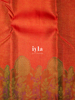 The Radha and Gopika’s Tale of Vrindhavan Kanjeevaram in Scarlet Red