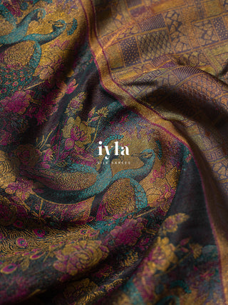 The Whimsical Peacock Dream Kanjeevaram in Retro Gold
