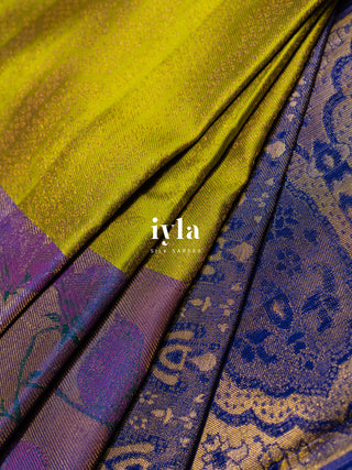 The Birds on Blooming Magnolia Kanjeevaram in Chartreuse Green