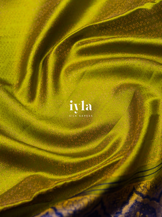 The Birds on Blooming Magnolia Kanjeevaram in Chartreuse Green