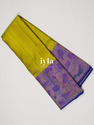 The Birds on Blooming Magnolia Kanjeevaram in Chartreuse Green