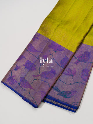 The Birds on Blooming Magnolia Kanjeevaram in Chartreuse Green