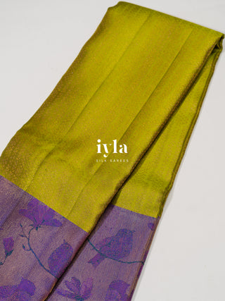 The Birds on Blooming Magnolia Kanjeevaram in Chartreuse Green