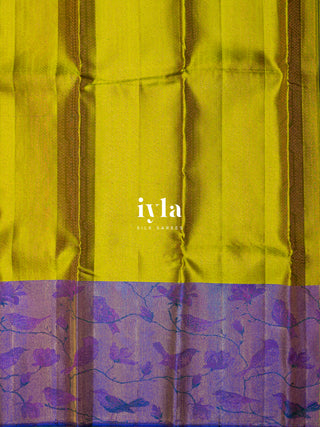 The Birds on Blooming Magnolia Kanjeevaram in Chartreuse Green