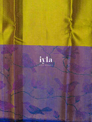 The Birds on Blooming Magnolia Kanjeevaram in Chartreuse Green