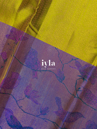 The Birds on Blooming Magnolia Kanjeevaram in Chartreuse Green