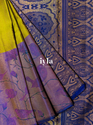 The Birds on Blooming Magnolia Kanjeevaram in Chartreuse Green