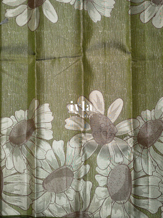 The Handdrawn Sunflowers Kanjeevaram in Forest Olive