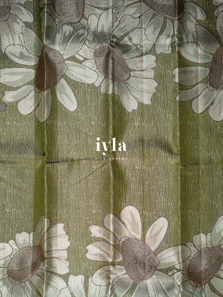 The Handdrawn Sunflowers Kanjeevaram in Forest Olive