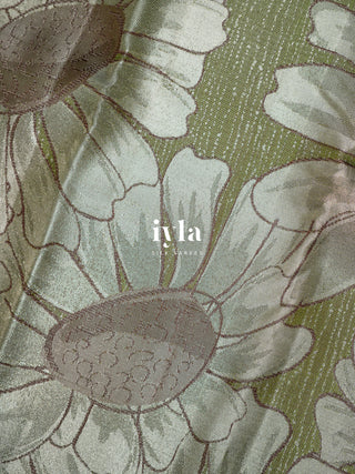 The Handdrawn Sunflowers Kanjeevaram in Forest Olive