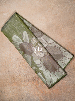 The Handdrawn Sunflowers Kanjeevaram in Forest Olive