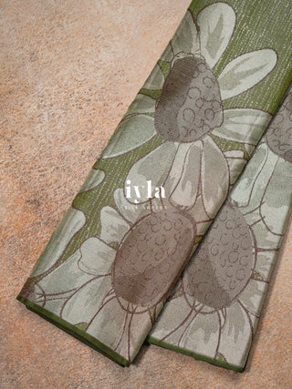 The Handdrawn Sunflowers Kanjeevaram in Forest Olive