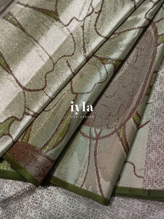 The Handdrawn Sunflowers Kanjeevaram in Forest Olive