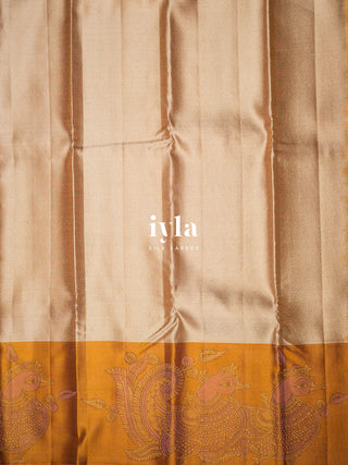 The Indian Kalamkari Peacock Kanjeevaram in Almond Beige