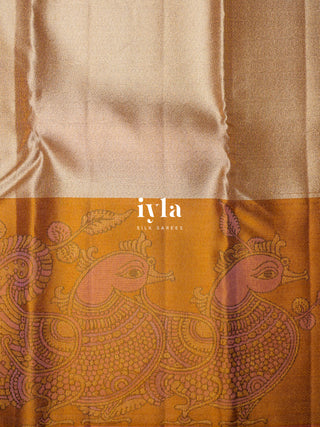 The Indian Kalamkari Peacock Kanjeevaram in Almond Beige