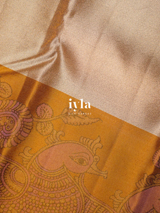 The Indian Kalamkari Peacock Kanjeevaram in Almond Beige